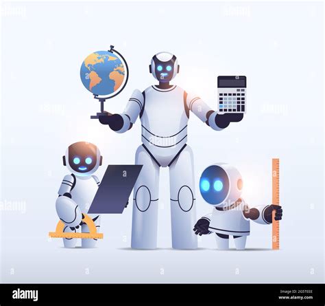 robot teacher with robotic students standing together artificial ...