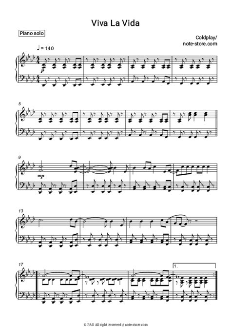 Viva La Vida Piano Sheet Music Coldplay In Note Store Piano Solo