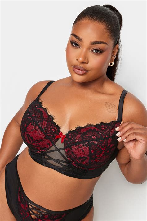 Yours Plus Size Black And Red Lace Strap Detail Padded Longline Bra