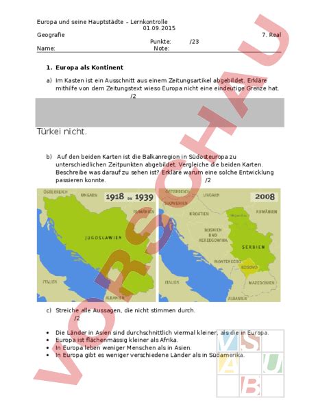 Arbeitsblatt Lernkontrolle Europa und seine Hauptstädte Geographie