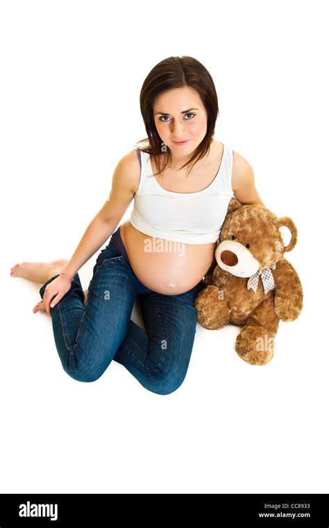 Pregnant Brunette Isolated On White Stock Photo Alamy