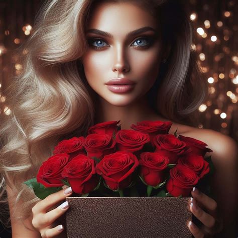 Premium Photo A Gorgeous Woman A Box Of Red Roses Generative Ai