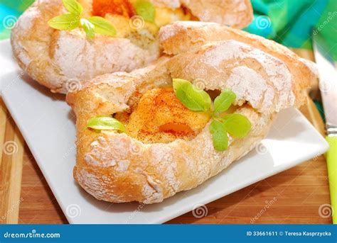 Baked Ciabatta Stuffed With Mushroomseggs And Cheese Stock Image