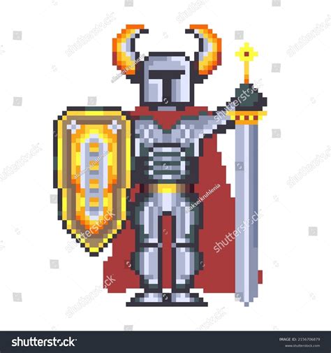 Pixel Art Knight Horned Helmet Holding Stock Vector Royalty Free