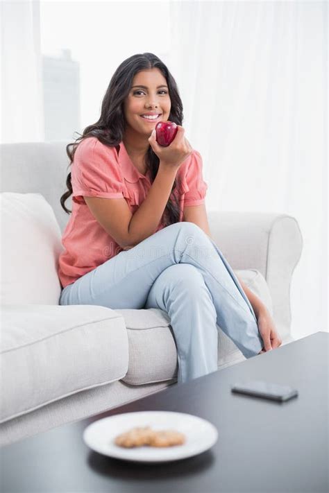 Cheerful Nude Brunette Holding Lip Gloss Stock Photo Image Of