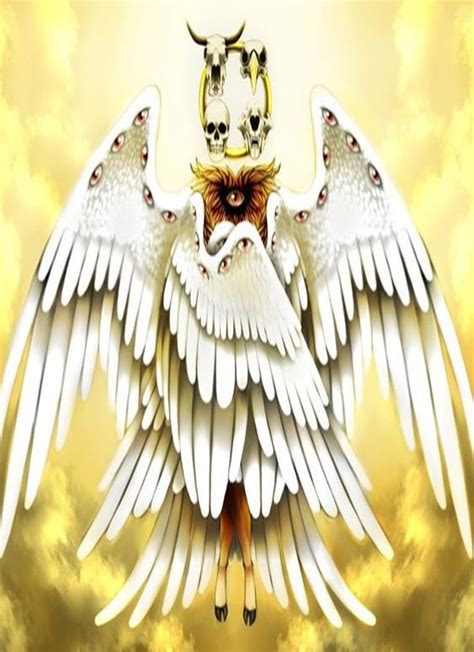 An Angel With Two White Wings And A Horned Head On It S Back Is