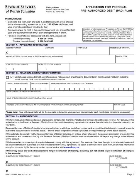 Rsbc 155 Application For Personal Pre Authorized Debit Plan