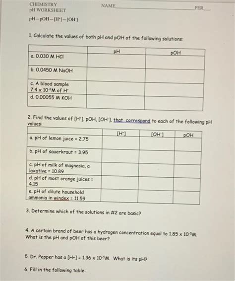 Ph And Poh Calculations Answer Key Name Date Studocu