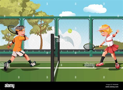 Una Ilustración Vectorial De Dos Niños Jugando A Tenis Imagen Vector De Stock Alamy