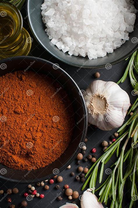 Spices Rosemary Allspice Garlic Oil And Salt Stock Image Image Of