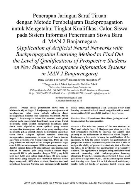 Pdf Penerapan Jaringan Saraf Tiruan Dengan Metode Pembelajaran