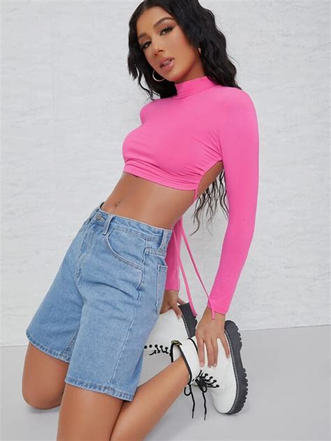 Shein Bae Mock Neck Self Tie Open Back Crop Top Shein Usa