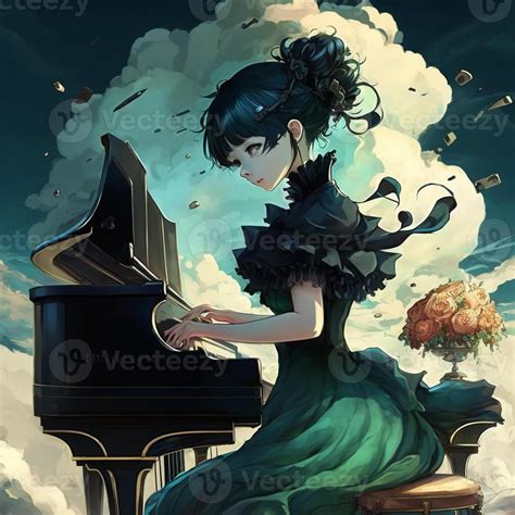 anime girl playing piano in the sky with flowers and birds. generative ...