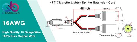 B0746C6LQW SPARKING 4FT Car Cigarette Lighter 2 Way Double Plug 15A 12V