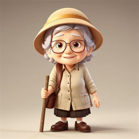 Premium Photo Cute Grandmother Cartoon Standing Bring Stick