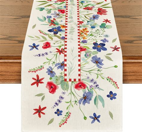 Artoid Mode Poppy Floral Eucalyptus Leaves 4th Of July Table Runner 13