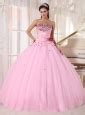 Gorgeous Baby Pink Quinceanera Dress Strapless Organza Appliques Ball Gown