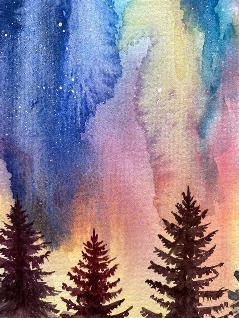 Aurora Borealis Painting Original Watercolor Art Northern Etsy