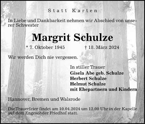 Traueranzeigen Von Margrit Schulze Trauer Anzeigen De