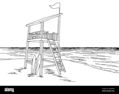 Lifeguard Tower Rescue Station Sea Coast Graphic Beach Black White