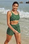 Green Checked Adjustable Straps Chic Bikini Top With Boy Short Set