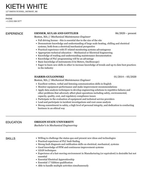 Mechanical Maintenance Engineer Resume Samples | Velvet Jobs