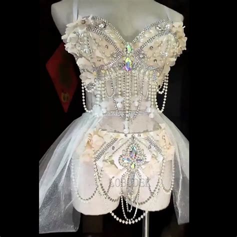 Sparkly Rhinestone Beading Bikini Gauze Skirt Electric Music Festival Party Dance Costume Sexy