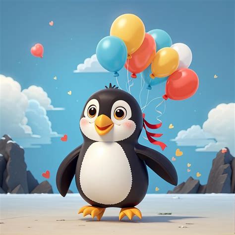 Premium Photo Cute Penguin Flying With Balloons Cartoon Vector