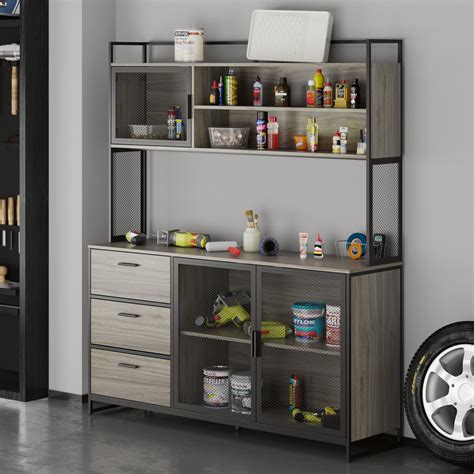 DiDuGo Garage Cabinet with 3 Drawers and Metal Mesh Door, Industrial Mutifunctional Tool Storage ...