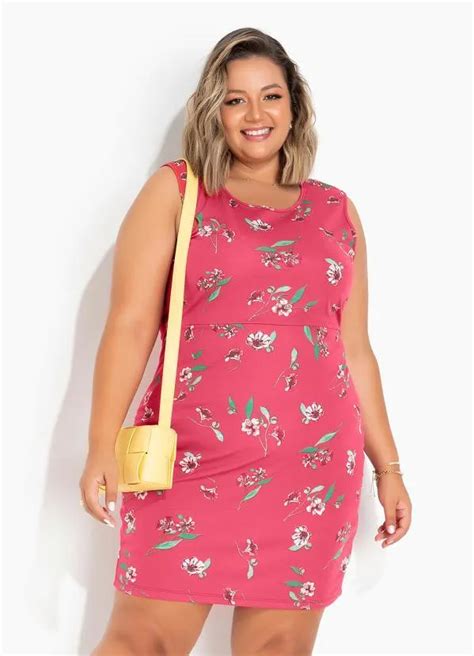 Vestido Floral Vermelho Tubinho Plus Size Marguerite