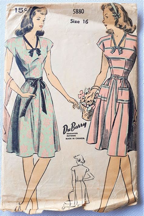 1940s Du Barry Dress Sewing Pattern 5880 Vintage 1944 Misses Dress