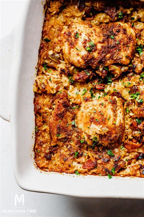 Easy Chicken Thighs and Rice Casserole Recipe - Munchkin Time