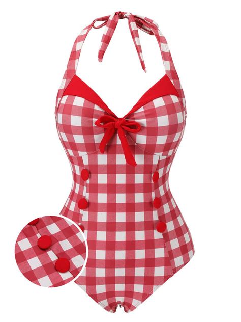 Red 1950s Plaids Added Bowknot Swimsuit Retro Swimwear Vintage Swimsuits Bowknot Swimsuit