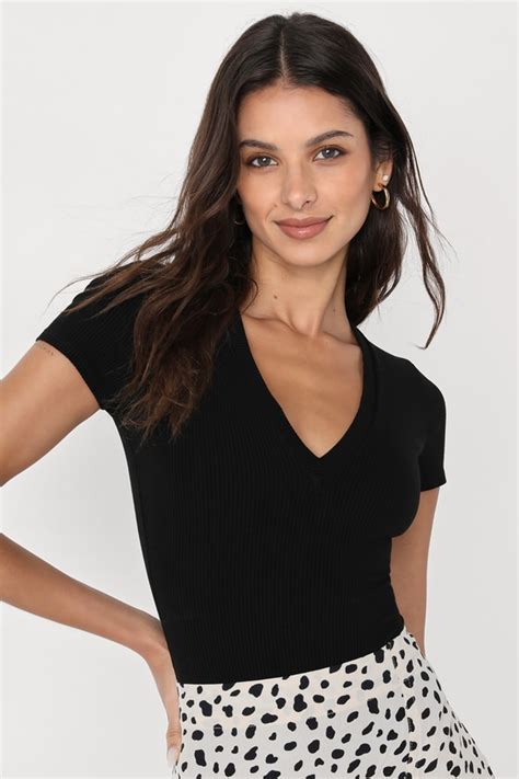 Black Ribbed Knit Bodysuit V Neck Bodysuit Short Sleeve Top Lulus