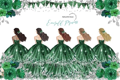 Emerald Green Princess Dress Clipart Green Flowers Watercolor By