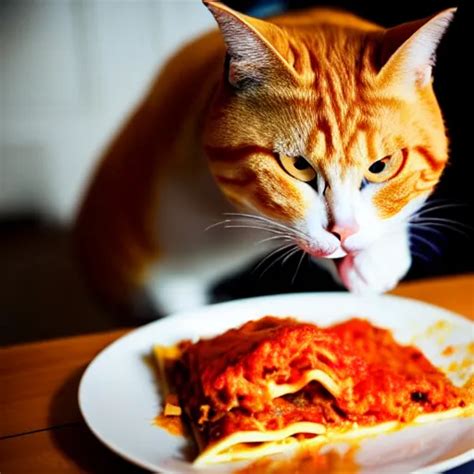 An Obese Orange Tabby Cat Eating Lasagna On Monday Stable Diffusion