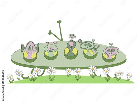 Funny Alien Spaceship Landing On The Grass Vector Cartoon Illustration Ufo Stock Vector