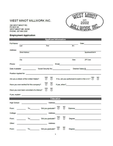 Job Application West Minot Millwork