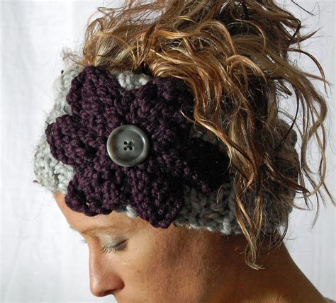 Ear Warmer Flower Headband Knit Grey Head Wrap Button Closure Purple