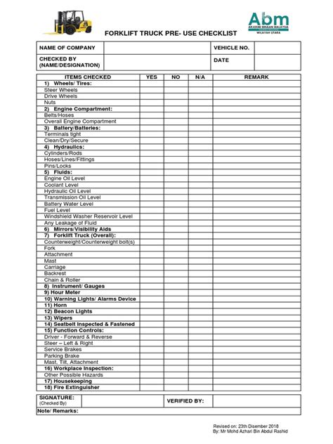 Forklift Checklist Pdf