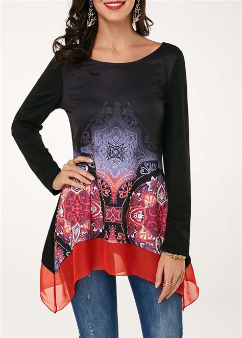 Printed Asymmetric Hem Chiffon Panel T Shirt Liligal USD 26 34