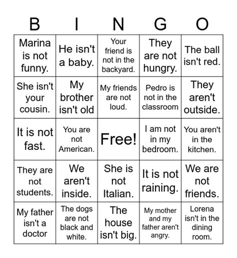 Verb To Be Negative And Interrogative Bingo Card