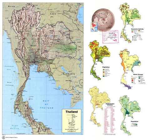 Grande detallado mapa del perfil del país de Tailandia 1974