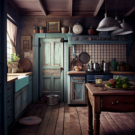 Rustic Kitchen Interior Design Stock Illustration - Illustration of ...