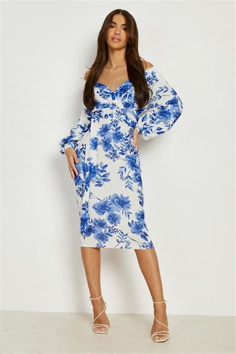 Floral Off The Shoulder Wrap Midi Dress Boohoo Uk