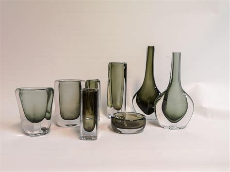 Set Of 8 Pieces Nils Landberg Sommerso And Dusk Vases Orrefors Sweden For Sale At 1stdibs