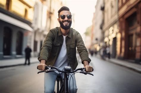 Premium Ai Image Shot Of A Young Man Happily Riding An Electric Bike