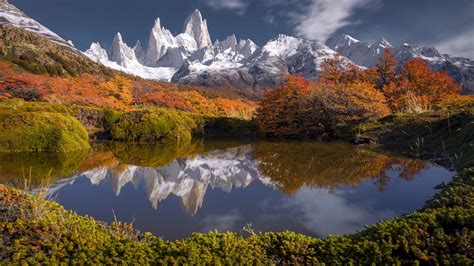 Reflecting Fitz Roy Mountain in a lake near El Chaltén in autumn