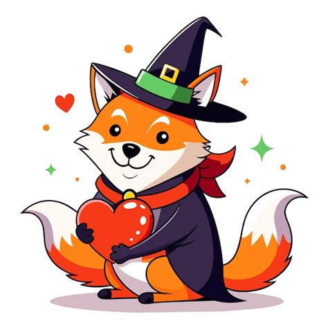 Premium Vector Cute Fox Wearing A Hat And Holding A Big Red Heart Hand Drawn Mascot Cartoon