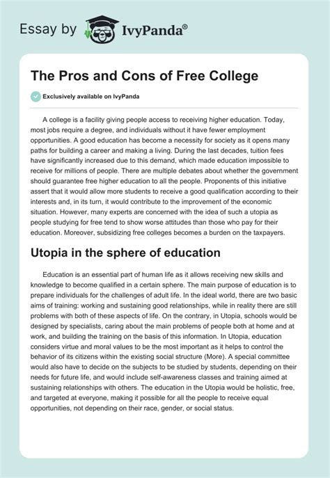 The Pros And Cons Of Free College 1940 Words Essay Example